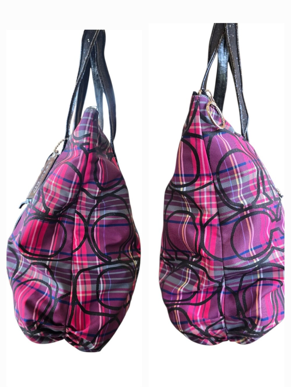 Coach Poppy Tartan Glam Purple Magenta  Black Tote Wristlet 2 Piece Set - Picture 7 of 16